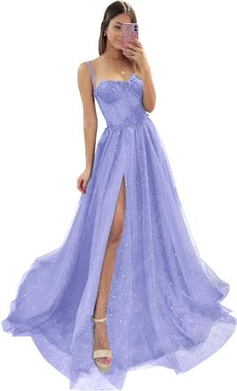 Generic Womens Glitter Tulle Prom Dresses Spaghetti Straps Lace Appliques Formal Evening Dresses High Slit Sweetheart Party Dress Lilac XX