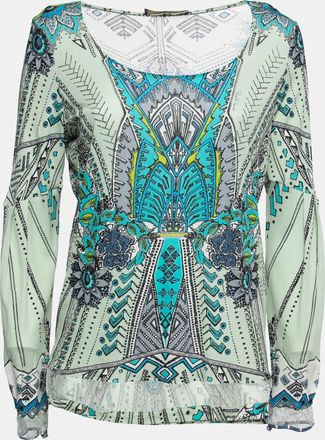 Roberto Cavalli Multicolor Printed Jersey Lace Trimmed Top