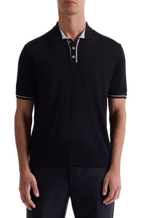 Bugatchi Tipped Merino Wool & Silk Polo Sweater in Black at Nordstrom, Size X-Large