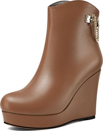 Castamere Womens High Wedge Platform Heel Round Toe Ankle Boots Short Bootie Zipper Metal Chain Slip-on Dress 10 CM Heels Brown 3.5 UK