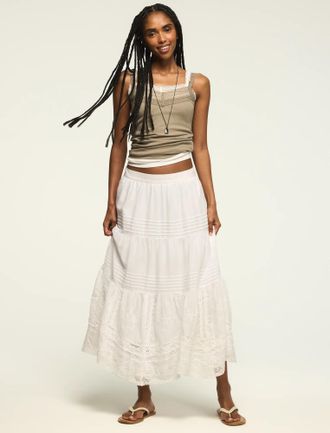 Lucky Brand Womens Festival Lace Trim Mix Midi Skirt