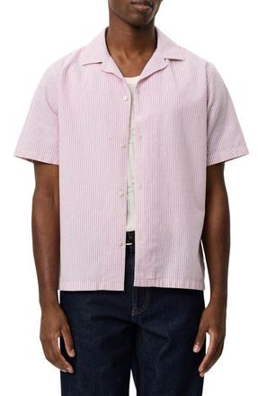 Les Deux Lukas Stripe Cotton & Linen Camp Shirt in Crocus Pink at Nordstrom, Size Xx-Large