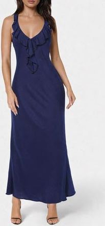 Bebe Crushed Satin Ruffle Halter Dress in Navy at Nordstrom Rack, Size X-Small