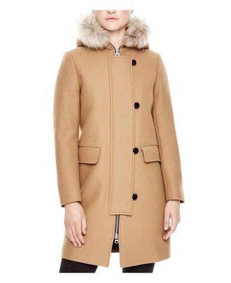 Sandro Womens Kurt Wool Coat with Fur Trim Hood 4 Buttons