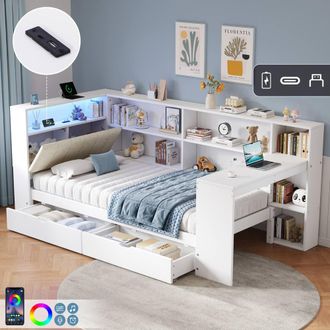 Matteo L-Shape Daybed with Storage & Bookcase, LED Charging Headboard in White | Size: Single