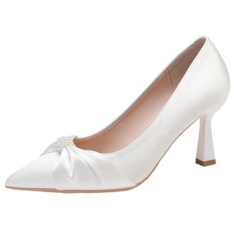Generic Qynthra Womens Satin Court Shoes Pearl Bow Detail Square Slim Heel Slip-On Pointed Toe Pumps Wide Fit 6CM/8CM Mid Heel Dress Shoes for Office & Weddin