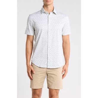 Bugatchi OoohCotton Palm Tree Print Short Sleeve Button-Up Shirt in Sand at Nordstrom Rack, Size Xxx-Large