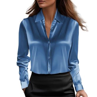 Generic Satin Blouses for Women Button Down Shirts Long Sleeve Tops Blouses for Women T Shirt (Sky Blue, XL)