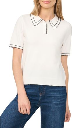 CeCe by Cynthia Steffe Scalloped Trim Short Sleeve Polo Sweater in Antique White at Nordstrom, Size X-Small