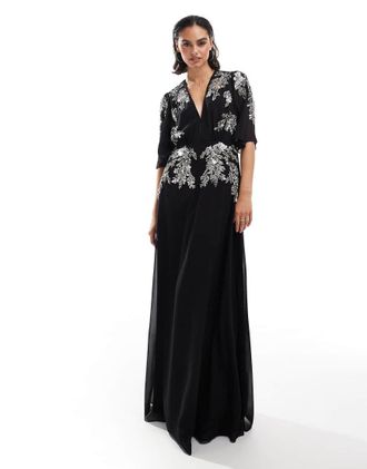 Hope & Ivy flutter sleeve embellished maxi dress in black