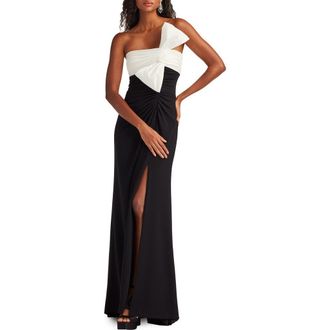 Tadashi Shoji Taffeta Bow One-Shoulder Gown in Black/White at Nordstrom, Size 14