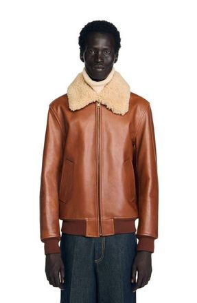 Sandro Leather jacket with fur collar in Cognac at Nordstrom, Size Xx-Large