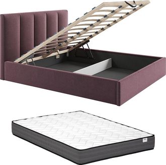Vente-Unique Canap&eacute; abatible 160 x 200 cm con cabecero con costuras verticales - Tela - Burdeos + Colch&oacute;n - KILACLO