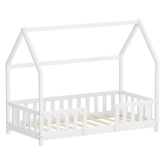 ML Design Ml-design Cama Infantil 80x160 Cm En Forma De Casa, Madera Maciza De Pino Blanca Con Protecci&oacute;n Antica&iacute;da, Techo Y Somier De L&aacute;minas, Cuna De Suelo Pa