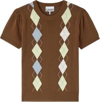 Ganni Argyle-pattern Puff-sleeve T-shirt