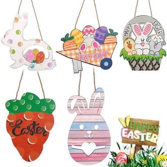 OEM 5 Letreros De Madera Para Puertas De Pascua: Decoraci&oacute;n Colgante De Huevo De Pascua, Zanahoria Y Conejo