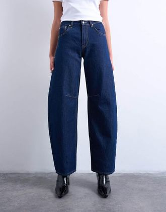 Topshop Barrel - Jeans a vita medio alta lavaggio risciacquato indaco-Blu