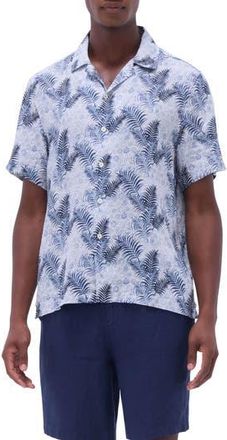 Bugatchi Jackson Floral Leaf Print Linen Camp Shirt in Teal at Nordstrom Rack, Size Xxx-Large