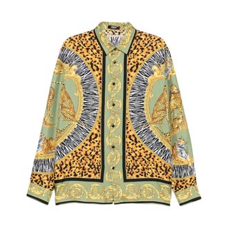 Versace Casual Shirts, male, Multicolor, Size: L Green Leopard Print Tiger Pattern Shirt