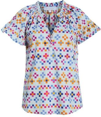 Sugarlips Kessa Geo Macy Ruffle Cotton Top in Light Blue Multi at Nordstrom, Size X-Small