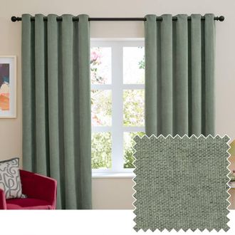 furn. Soft Chenille Blackout Eyelet Curtain Pair in Green | Size: 229 cm width x 183 cm drop