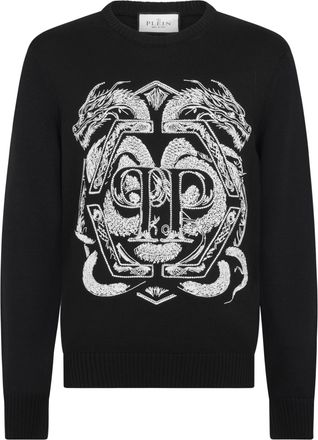Philipp Plein Embroidered Merino Wool Round Neck Pullover Hexagon Dragon
