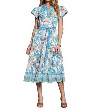 Current Air Floral Printed Pleated Midi Dress In Blue Multi