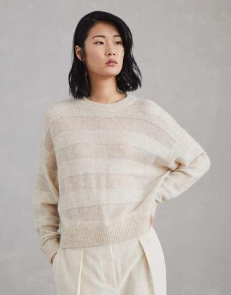 Brunello Cucinelli Womens Seashell Wool Mohair Striped Sweater, Size XXL