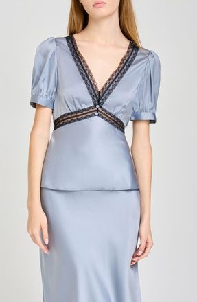 Wayf Felicity Lace Trim V-Neck Satin Top in Slate at Nordstrom, Size X-Small