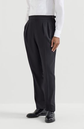 Brunello Cucinelli Virgin wool and silk lightweight twill tuxedo trousers with double pleats and waist tabs in Navy Blue at Nordstrom, Size 56