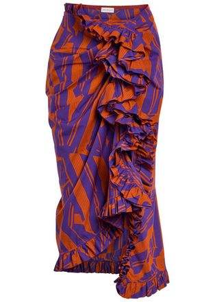 Dries Van Noten Sina Printed Ruffed Cotton-poplin Midi Skirt - Orange - 40 (UK12 / M)