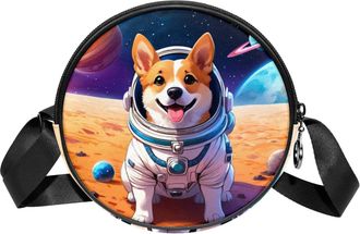 Generic Circle Crossbody Bag for Women, Dog in Space Small Sling Bag Daypack with Zipper Adjustable Shoulder Straps Casual Ladies Girls Round Purse