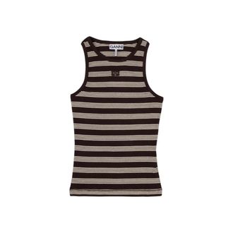 Ganni Sleeveless Tops, female, Brown, Size: XS Striped Soft Cotton Rib Tank Top