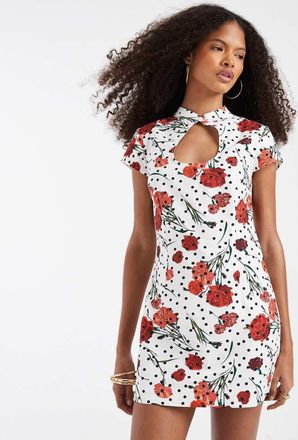 Asos Vestito corto in misto lino a pois e a fiori con cut-out a goccia-Multi