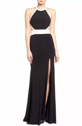 Mac Duggal Beaded High Neck Gown With Cutouts In Black/white