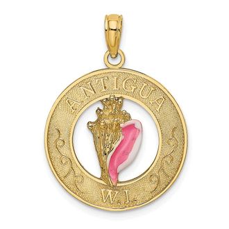 Diamond2Deal 14k Yellow Gold Circle Pink and White Enamel Conch Shell Charm Pendant