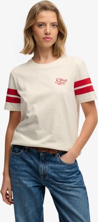 Superdry Print-Shirt SUPERDRY VARSITY STRIPE SCRIPT TEE, Damen, Gr. XS, cream, Single Jersey, Obermaterial: 100% Baumwolle, bedruckt, unifarben mit Farbeinsatz