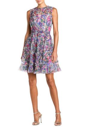 Mac Duggal Mesh Micro Ruffle High Neck Floral Mini Dress in Purple Multi at Nordstrom, Size 8