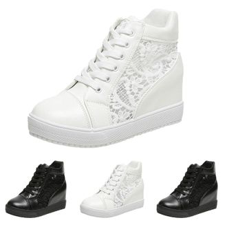 Generic Women Wedges Sneakers Ankle High Platform Walking Shoes Hidden Heels Chunky Wedge Lace Up High Top Sneaker Womens Dressy Heeled Boots Casual Fashion B