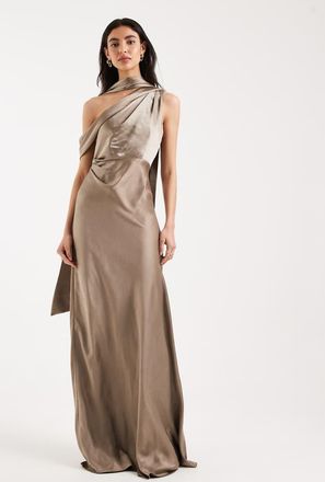 Six Stories Vestito lungo monospalla da damigella in raso color caffellatte con foulard-Neutro