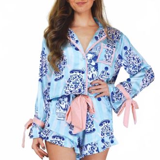 8 Oak Lane Satin Ruffle Short Pajama Set In Ginger Jar Stripe
