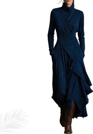 Generic Womens Long Sleeve Stretch Knit Ruffle Asymmetrical Dress, Elegant High-Neck Asymmetrical Maxi Dress (Dark Blue,XL)