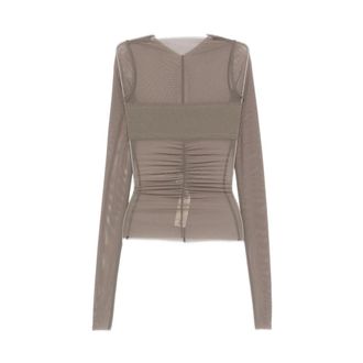 Rick Owens Tops, Dames, Grijs, M, Ruched Detail Lange Mouw Ronde Hals