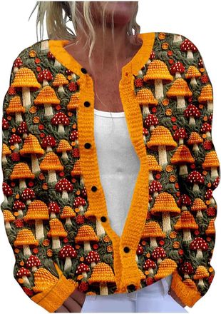 Generic Christmas Cardigan for Women Xmas Tree Printed Coat Button Down Sweater Novelty Funny Jacket Long Sleeve Sweatshirt Open Front Cardigans Holiday Casua