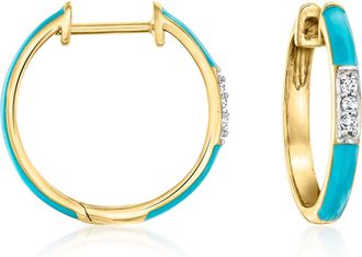 Ross-Simons Turquoise Enamel and Diamond Hoop Earrings in 18kt Gold Over Sterling
