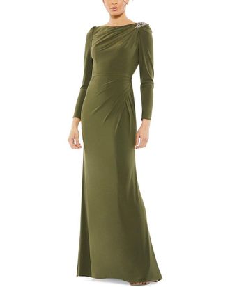 Mac Duggal Draped Bateau Long Sleeve Trumpet Gown