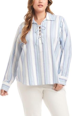 Karen Kane Stripe Linen Blend Lace-Up Popover Shirt at Nordstrom, Size 3 X