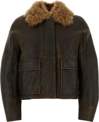 Brunello Cucinelli Chaqueta Aviador de Borrego con Monili - Jackets - Mujer - Marr&oacute;n - S
