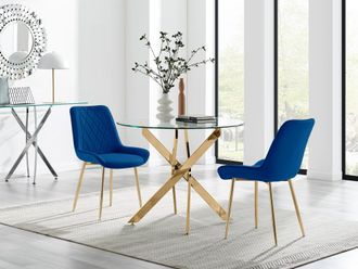 Furniturebox Novara 100cm Round Gold Leg Dining Table & 2 Pesaro Gold Leg Chairs in Navy