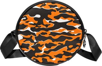 Generic Circle Crossbody Bag for Women, Orange Camouflage Small Sling Bag Daypack with Zipper Adjustable Shoulder Straps Casual Ladies Girls Round Purse